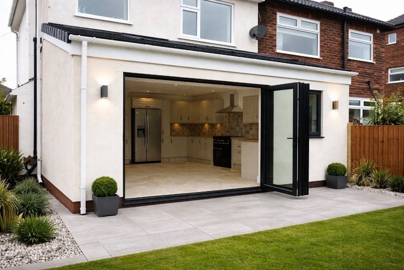 Design visualisation of a rendered rear extension with bi-fold doors