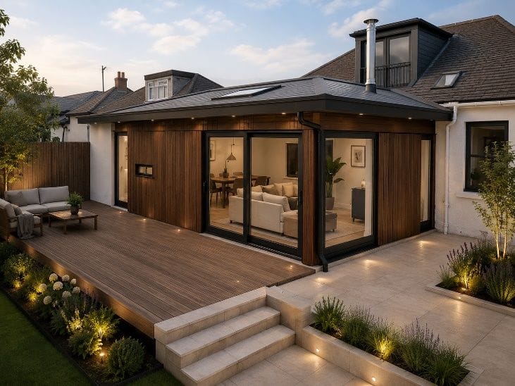 Design visualisation of a timber-clad garden extension with decking