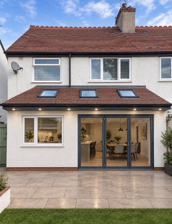 Design visualisation of a rendered rear extension with a pitched tiled roof and rooflights
