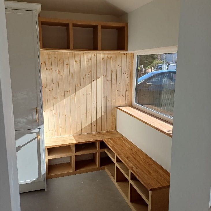 The new cloakroom at the front of the former garage