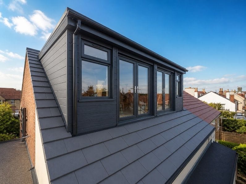 Completed dormer loft conversion with dark grey cladding