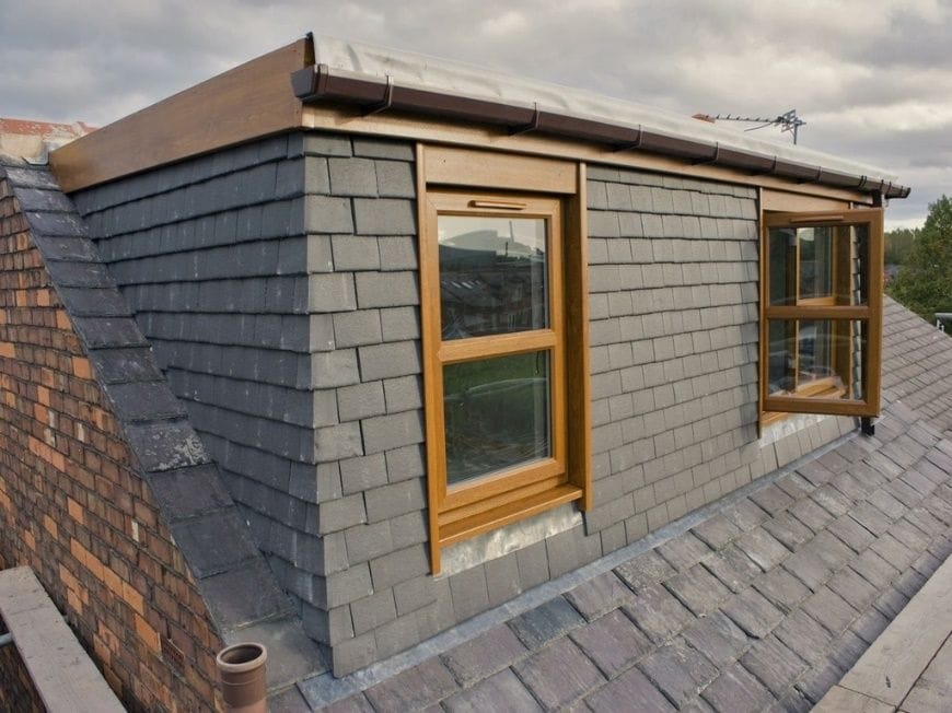 Completed tile-hung dormer with oak-effect windows