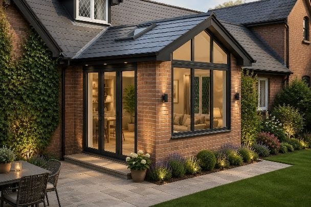 Design visualisation of a gable-ended rear extension with feature glazing and bi-fold doors
