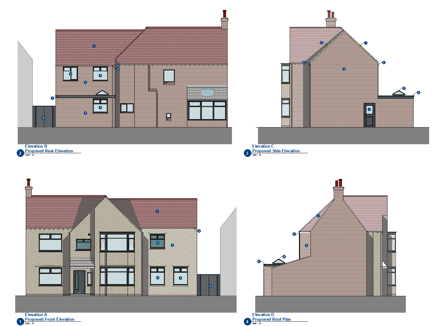 Coloured proposed elevations prepared for a householder planning application