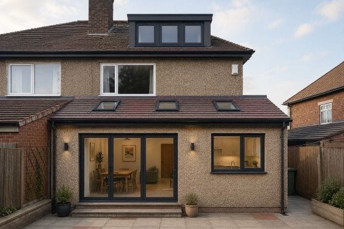 Design visualisation of a mono-pitched rear extension with rooflights and sliding doors