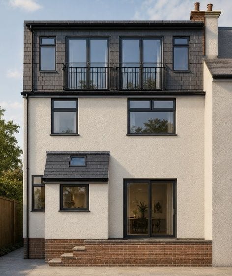 Design visualisation of the proposed dormer with full-height glazing and Juliet balconies