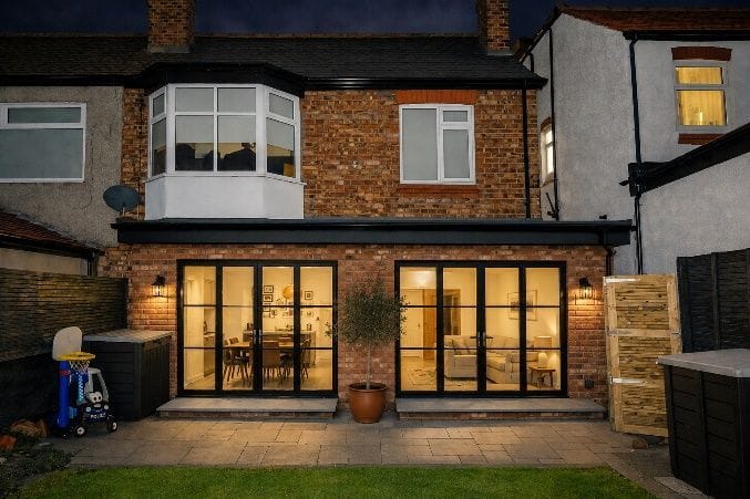 Design visualisation of a full-width flat-roof rear extension with black-framed bi-fold doors