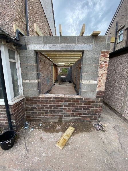 The front wall of the extension being built up