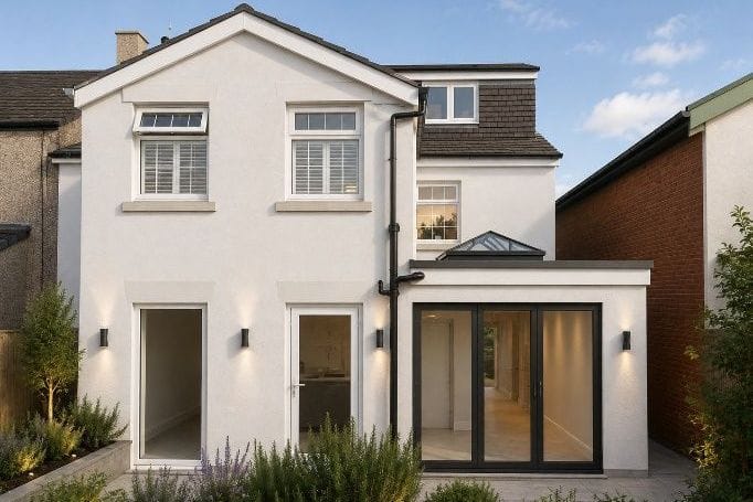 Design visualisation of the proposed rear and side extensions linking the two properties