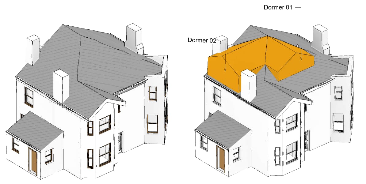 Existing and proposed three-dimensional views side by side